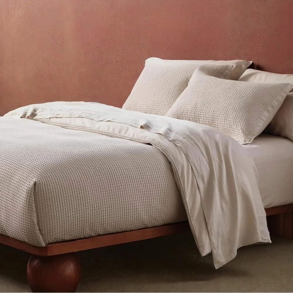 NEW West Elm Beige Waffle Weave Queen King 100% Cotton Bedding Duvet & Sham Set